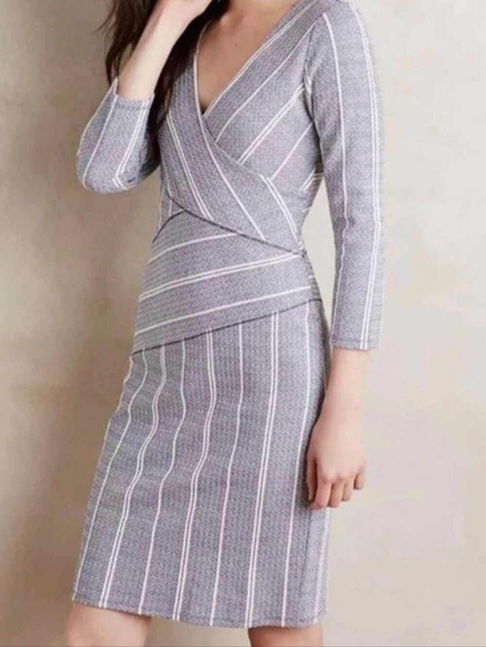 Maeve Grey and White Striped Wrap-Style Midi Dress